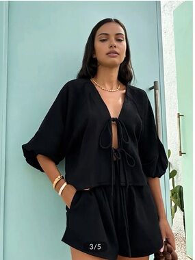 Commense Black Cotton Matching Set | Tie Front Crop Top + Shorts | Size M | NWT